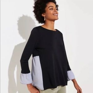 LOFT Mixed Media Bell Sleeve Black / Blue Stripe M